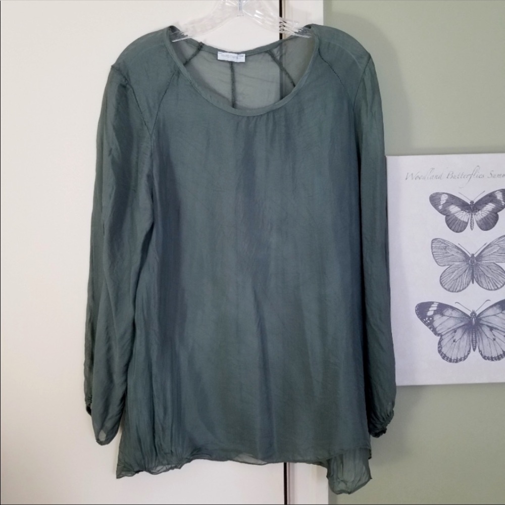 Size S/M - 100% silk long sleeve grey blue silk blouse, made in Italy